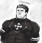 1boy arms_behind_back bara bodysuit covered_abs facial_hair flaming_halo frown greyscale large_pectorals looking_to_the_side male_focus mature_male monochrome muscular muscular_male pectorals po_fu short_hair sideburns skin_tight stubble tokyo_afterschool_summoners upper_body zabaniya_(housamo) 
