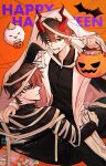  2boys :d bandages bat_(animal) biyoo_(omniscient_reader&#039;s_viewpoint) black_hair black_shirt black_wings blood blood_from_mouth bucket candy cloak coat collared_shirt demon_horns english_text entangled expressionless feathered_wings feet_out_of_frame food ghost_costume hair_between_eyes halloween_bucket hand_on_another&#039;s_hip hand_on_another&#039;s_shoulder happy_halloween high_collar highres holding holding_bucket hood hood_up hooded_cloak horns kim_dokja looking_at_viewer male_focus multiple_boys mummy_costume muzililsp official_alternate_costume omniscient_reader&#039;s_viewpoint red_eyes scar scar_on_face shirt short_hair sitting sitting_on_person smile string white_cloak white_coat wings yoo_joonghyuk 