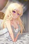  1girl absurdres bang_dream! blonde_hair breasts chromatic_aberration cleavage commentary english_commentary highres large_breasts long_hair looking_at_viewer mixed-language_commentary nude open_mouth purple_eyes shirasagi_chisato signature smile solo under_covers zuka_ryu 