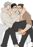  3boys arm_around_neck azumane_asahi black_hair black_pants brown_hair collared_shirt facial_hair food grey_hair haikyuu!! hand_on_back highres holding_person hot_dog jotuesday19 looking_at_phone male_focus multiple_boys pants phone sawamura_daichi school_uniform shirt short_hair sideburns signature sitting sitting_on_person sleeves sleeves_pushed_up sleeves_rolled_up sugawara_koushi sweater toned toned_male white_shirt 