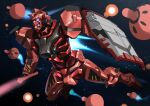  bit_(gundam) energy_sword gundam gundam_gquuuuuux highres holding holding_sword holding_weapon humanoid_robot mecha mk_22p mobile_suit no_humans purple_eyes red_gundam robot science_fiction shield solo space sword v-fin weapon 