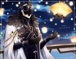  1boy absurdres arms_up black_gloves black_hair black_helmet black_shirt capitano_(genshin_impact) cloud cloudy_sky coat collared_shirt commentary_request english_text fur-trimmed_coat fur_trim genshin_impact gloves gold_trim helmet highres inset_border lantern lapels layered_sleeves long_hair long_sleeves male_focus night night_sky outdoors railing shirt sky sleeve_cuffs solo star_(sky) starry_sky uouzzz upper_body white_coat 