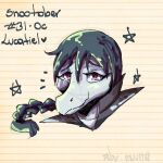 1:1 2025 absurd_res anthro artist_name biped braided_hair by:_muun character_name colored dinosaur english_text eyebrows front_view green_hair grey_body guide_lines hair headshot_portrait hi_res long_hair looking_at_viewer pattern_background portrait prehistoric_species purple_eyes raised_inner_eyebrows reptile scalie shaded simple_background smile solo star striped_background text