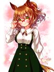  1girl adjusting_eyewear animal_ears aston_machan_(casual)_(umamusume) aston_machan_(umamusume) blush breasts brown_hair casual closed_mouth ear_ornament ear_scrunchie glasses green_eyes green_skirt hair_between_eyes hair_ornament hair_scrunchie highres horse_ears horse_girl horse_tail large_breasts long_sleeves looking_at_viewer medium_breasts medium_hair over-rim_eyewear ponytail red-framed_eyewear red_scrunchie scrunchie semi-rimless_eyewear shirt skirt smile solo sugimotty_nova suspender_skirt suspenders tail umamusume white_shirt 