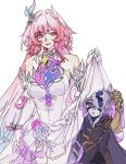  1boy 1girl aqua_hair armored_gloves bare_shoulders black_hood blue_eyes breasts commentary_request corrupted_twitter_file cracked_skin cyrene_(honkai:_star_rail) cyrene_(ripples_of_past_reverie)_(honkai:_star_rail) flame_reaver_of_the_deepest_dark flower gold_gloves hair_flower hair_ornament highres honkai:_star_rail honkai_(series) large_breasts long_hair multicolored_hair pink_hair pointy_ears purple_eyes simple_background smile suan_jiao very_long_hair white_background white_hair 