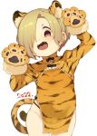  1girl 2022 animal_ears animal_hands animal_print china_dress chinese_clothes chinese_zodiac dated dress ear_piercing fake_animal_ears gloves hair_over_one_eye hands_up idolmaster idolmaster_cinderella_girls long_sleeves looking_at_viewer new_year open_mouth paw_gloves paw_pose pelvic_curtain piercing red_eyes shirasaka_koume short_dress short_hair side_slit simple_background solo standing takato_kurosuke teeth tiger_ears tiger_print white_background year_of_the_tiger yellow_dress 