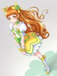  1girl alternate_hairstyle boots bow brown_eyes brown_hair chocokin choker clip_studio_paint_(medium) clover collarbone cure_rosetta dokidoki!_precure dress flower from_above gradient gradient_background green_choker grey_background hair_flower hair_ornament highres long_hair looking_at_viewer looking_up open_mouth precure puffy_short_sleeves puffy_sleeves short_sleeves solo waist_bow white_dress white_footwear wrist_cuffs yellow_dress yotsuba_alice 