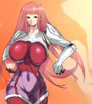  1girl bangs blunt_bangs bodysuit breasts closed_mouth gloves helmet highres ken_marinaris large_breasts long_hair looking_at_viewer negresco pilot_suit pink_bodysuit pink_hair skin_tight solo standing very_long_hair zone_of_the_enders zone_of_the_enders_2 