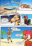  absurd_res anthro avian balls bird butt chicken comic dialogue digital_media_(artwork) duo galliform genitals giraffe giraffid hi_res male male/male mammal nipples nude phasianid simple_background tail text zaryuzu_73 