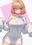  1girl absurdres arcueid_brunestud bare_shoulders blonde_hair blush breasts collarbone english_commentary film_grain fukou highres large_breasts long_sleeves looking_at_viewer off_shoulder red_eyes shirt short_hair signature single_off_shoulder sleeves_past_fingers sleeves_past_wrists smile solo tsukihime two-tone_background w_arms white_shirt 