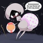 1:1 ambiguous_gender arthropod bent_over big_diaper black_face bladder blurred_background blush bodily_fluids cutaway diaper embarrassed english_text genital_fluids grass heart_pattern hi_res holding_back_tears holding_crotch hollow_knight:_silksong hollow_knight_(franchise) lace_(hollow_knight:_silksong) looking_back nineplusten organs pattern_diaper pink_diaper plant shaking solo speech_bubble standing team_cherry tears text touching_diaper urine weapon white_body white_eyes