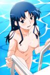  1girl bangs blue_eyes blue_hair blush climbing_ladder completely_nude eyebrows_visible_through_hair from_above fujiwara_aya long_hair looking_at_viewer navel nipples nude official_art open_mouth photoshop_(medium) pool pool_ladder solo super_real_mahjong tanaka_ryou water wet 