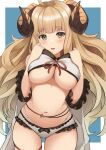  1girl absurdres ahoge anila_(granblue_fantasy) arched_back areola_slip areolae bangs bikini bikini_lift blonde_hair blue_background blunt_bangs blush bow bow_bikini breast_squeeze breasts brown_eyes chain cloak clothes_lift cowboy_shot draph floating_hair frills granblue_fantasy hands_up head_tilt highres hikimayu horns lace-trimmed_bikini lace_trim large_breasts layered_bikini leaning_forward long_hair looking_at_viewer narrow_waist navel open_mouth outside_border panty_straps pyonsan red_ribbon ribbon ribbon-trimmed_bikini sheep_horns short_eyebrows simple_background skindentation solo swimsuit tareme thick_eyebrows thigh_gap thigh_strap thighs underboob very_long_hair wavy_hair white_bikini yellow_eyes 