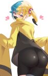  1girl absurdres aqua_hair ass black_mask blonde_hair canari_(pokemon) character_hair_ornament cosplay gusa hair_ornament highres iono_(pokemon) iono_(pokemon)_(cosplay) jacket mask mouth_mask multicolored_hair oversized_clothes oversized_jacket pantyhose_under_shorts pokemon pokemon_legends:_z-a pokemon_sv short_twintails shorts single_leg_pantyhose sleeves_past_fingers sleeves_past_wrists solo split-color_hair twintails two-tone_mask yellow_jacket yellow_mask 