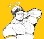  1boy arm_behind_head bara bodysuit expressionless facial_hair flaming_halo large_pectorals looking_to_the_side male_focus mature_male monochrome muscular muscular_male pectorals po_fu short_hair sideburns skin_tight stubble tokyo_afterschool_summoners upper_body yellow_theme zabaniya_(housamo) 