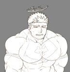  1boy bara bodysuit covered_abs covered_navel facial_hair flaming_halo grey_background large_pectorals male_focus mature_male muscular muscular_male open_mouth pectorals po_fu short_hair sideburns skin_tight spot_blush stubble sweatdrop thick_eyebrows tokyo_afterschool_summoners upper_body zabaniya_(housamo) 