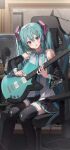  1girl :q absurdres bare_shoulders black_skirt black_sleeves blue_necktie blush chair closed_mouth collared_shirt commentary detached_sleeves double-parted_bangs electric_guitar emduck feet_out_of_frame gaming_chair green_eyes green_hair guitar hair_between_eyes hatsune_miku highres holding holding_guitar holding_instrument holding_plectrum indoors instrument long_hair long_sleeves microphone miniskirt monitor necktie number_tattoo on_chair pleated_skirt plectrum shirt shoulder_tattoo sitting skirt sleeveless sleeveless_shirt solo swivel_chair tattoo tongue tongue_out very_long_hair vocaloid 