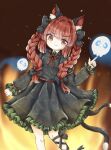  1girl :&gt; animal_ear_fluff animal_ears bangs black_nails blunt_bangs blurry blurry_background braid cat_ears cat_tail dress eyebrows_visible_through_hair fang fang_out feet_out_of_frame hitodama kaenbyou_rin looking_at_viewer multiple_tails nail_polish nekomata petticoat red_eyes red_hair simple_background skull solo tail touhou twin_braids twintails two_tails yuzu_shino_(bon2rose) 
