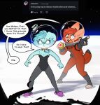 2025 4_fingers action_pose anthro black_clothing blue_body blue_fur blue_hair breasts bunny_costume canid canine cartoon_physics cleavage clothed clothing corset costume detailed_background dialogue digital_media_(artwork) duo english_text eyewear female female_anthro fingers footwear fox fur glasses hair hi_res lagomorph large_glasses leporid lingerie mammal orange_clothing orange_hair outside pose rabbit rexyseven rusty_gears shoes slippers space spacesuit speech_bubble tentacles text topwear weapon