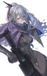  1girl absurdres anti-materiel_rifle black_leotard bolt_action breasts closed_mouth commentary_request cowboy_shot douibotan expressionless girls'_frontline girls'_frontline_2:_exilium grey_hair gun highleg highleg_leotard highres holding holding_gun holding_weapon leotard long_hair looking_at_viewer nemesis_(girls'_frontline_2) purple_eyes rifle scope sig_san_511 simple_background sniper_rifle solo weapon white_background 