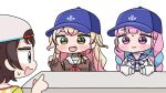  3girls :d anchor_symbol backwards_hat baseball_cap blonde_hair blue_bow blue_eyes blue_hair blue_hat blue_sailor_collar blush_stickers bow braid brown_shirt chibi closed_mouth commentary_request fang green_eyes grey_hat hand_up hat hololive long_hair long_sleeves low_twintails minato_aqua minato_aqua_(sailor) mochimiko momosuzu_nene momosuzu_nene_(casual) multicolored_hair multiple_girls oozora_subaru oozora_subaru_(1st_costume) pink_hair pointing puffy_long_sleeves puffy_sleeves purple_eyes sailor_collar school_uniform serafuku shirt simple_background sleeves_past_wrists small_sweatdrop smile striped_clothes striped_shirt sweat twin_braids twintails two-tone_hair upper_body vertical-striped_clothes vertical-striped_shirt very_long_hair virtual_youtuber wavy_mouth white_background white_sailor_collar white_shirt 