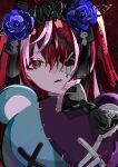  1girl absurdres black_hairband blue_flower blue_rose colored_skin eyepatch flower grey_skin hair_flower hair_ornament hairband hashtag-only_commentary highres hololive hololive_indonesia kureiji_ollie kureiji_ollie_(scarlet_moonlight_embrace) long_hair looking_at_viewer multicolored_hair nirtea34 official_alternate_costume one_eye_covered parted_bangs parted_lips pink_streaks red_background red_eyes red_hair rose simple_background solo stitched_face stitches streaked_hair stuffed_animal stuffed_toy teddy_bear udin_(kureiji_ollie) upper_body virtual_youtuber zombie 