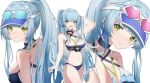  1girl :d absurdres arm_behind_head bikini black_bikini black_choker blue_bikini blue_hair breasts choker cleavage close-up cross earrings facepaint from_behind girls&#039;_frontline girls&#039;_frontline_2:_exilium green_eyes highres hk416_(girls&#039;_frontline) iron_cross jewelry klukai_(cerulean_breaker)_(girls&#039;_frontline_2) klukai_(girls&#039;_frontline_2) long_hair looking_at_viewer looking_back medium_breasts multiple_views navel ponytail smile swimsuit teardrop upper_body very_long_hair visor_cap wan3051 