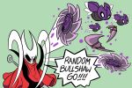  1girl arthropod_girl boomerang cloak cogfly_(hollow_knight) dr._jei_pi english_text highres hollow_knight hollow_knight:_silksong hornet_(hollow_knight) meme needle_(hollow_knight) random_bullshit_go_(meme) red_cloak shouting solo speech_bubble weapon weapon_on_back white_mask 