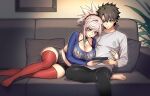  1boy 1girl bare_shoulders black_hair black_pants black_shorts blue_eyes blue_shirt blush breasts cleavage couch dynamitenatalia earrings fate/grand_order fate_(series) fujimaru_ritsuka_(male) hair_ornament highres indoors jewelry large_breasts leaf_earrings long_hair long_sleeves magatama midriff miyamoto_musashi_(fate) navel pants pink_hair ponytail red_thighhighs shirt short_hair short_shorts shorts smile swept_bangs thighhighs white_shirt 