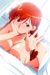  1girl asahina_yurina bangs bed_sheet blush breasts completely_nude eyebrows_visible_through_hair glint green_eyes head_rest indoors jewelry large_breasts long_hair lying nipples nude official_art on_stomach photoshop_(medium) red_hair ring smile solo super_real_mahjong tanaka_ryou 