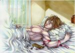  1boy androgynous bangs bed bed_sheet bishounen brown_hair chocolate curtains day green_eyes gyuu-lunch hair_between_eyes highres indoors lips long_hair looking_at_viewer male_focus marker_(medium) muscular muscular_male nipples nude original pillow ribbon smile solo straight_hair sunlight traditional_media valentine 