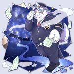  2022 absurd_res anthro biped bottomwear canid canine canis clothing hat headgear headwear hi_res holding_paper_(artist) humanoid_hands kemono male mammal necktie overweight overweight_male pants scar shirt solo topwear train vehicle wolf 