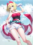  1girl arm_up bangs bare_shoulders blonde_hair blue_eyes blue_sky breasts cloud cloudy_sky collarbone commentary_request day eyebrows_visible_through_hair feet_out_of_frame hair_between_eyes hand_on_hip head_tilt highres irida_(pokemon) leaves_in_wind looking_at_viewer medium_breasts outdoors pokemon pokemon_(game) pokemon_legends:_arceus ririko_(zhuoyandesailaer) short_shorts shorts sky solo standing strapless v-shaped_eyebrows white_shorts 