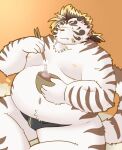  2022 450tiger anthro band-aid bandage belly bulge clothing eyewear felid food glasses hi_res humanoid_hands kemono licho_(tas) lifewonders male mammal moobs navel nipples overweight overweight_male pantherine sitting solo tiger tokyo_afterschool_summoners underwear video_games white_body 