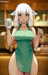 1girl akalari animal_ears apron ash_(fire_emblem) bangs barista black_horns blurry blurry_background blush breasts brown_eyes collarbone cow_ears cow_girl cow_horns cup dark-skinned_female dark_skin disposable_cup ear_piercing eyebrows_visible_through_hair fire_emblem fire_emblem_heroes green_apron highres holding holding_cup horns iced_latte_with_breast_milk_(meme) looking_at_viewer meme naked_apron piercing solo starbucks twitter_username white_hair 