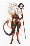  anthro arachnid armor arthropod breasts brown_body claws clothed clothing female hair hi_res holding_object mask migu proxicute scorpion scorpion_tail simple_background skinny skinny_female solo solo_focus staff standing white_hair 