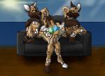  adognamedkayne african_wild_dog anthro balls canid canine clothed clothing duo furniture genitals harness hi_res incest_(lore) looking_at_viewer male male/male mammal sibling simple_background sofa thong twincest twins underwear 