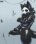  anthro biped black_body black_fur bodily_fluids canid canine canis changed_(video_game) cum cum_drip cum_on_wall dripping dripping_penis ejaculation erection fur genital_fluids genitals goo_creature hair hand_on_penis hi_res humanoid_genitalia humanoid_penis male mammal mask nude penile penis puro_(changed) rubber savourysausages simple_background solo standing tongue tongue_out video_games wolf 