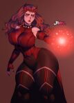  1girl black_pants breasts brown_hair curvy elbow_gloves fingerless_gloves gloves helmet highres jay_marvel large_breasts lips long_hair magic marvel marvel_cinematic_universe pants red_gloves scarlet_witch solo thick_thighs thighs tight tight_pants wanda_maximoff wandavision wide_hips witch 