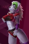 2022 5_fingers absurd_res anthro breasts canid canine canis clothing collar dialogue digital_media_(artwork) ear_piercing english_text female fingers five_nights_at_freddy&#039;s five_nights_at_freddy&#039;s:_security_breach hair hi_res holding_breast kelkessel long_hair looking_at_viewer mammal piercing roxanne_wolf_(fnaf) scottgames solo spiked_collar spikes text video_games wolf 