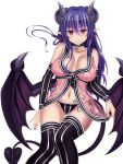  1girl ass_visible_through_thighs babydoll bare_shoulders black_legwear black_panties breasts breasts_apart chemise choker collarbone demon_girl demon_tail demon_wings detached_sleeves earrings eyebrows_visible_through_hair hair_between_eyes heart heart_earrings highres horns jewelry large_breasts long_hair looking_at_viewer monster_girl_encyclopedia nail_polish navel nipples panties photoshop_(medium) pointy_ears purple_hair purple_nails red_eyes see-through side-tie_panties sitting smile sogegin solo succubus_(monster_girl_encyclopedia) tail thigh_gap thighhighs underwear wings 