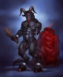  anthro bag black_body black_fur bovid caprine chain demon flexible_survival fur genitals goat hi_res horn humanoid krampus long_tongue lytta_the_bug male mammal muscular muscular_anthro muscular_male penis soft_penis solo tongue tongue_out vein veiny_penis 