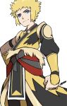  1boy absurdres armband ayakadegozans bangs blonde_hair blue_eyes clenched_hand closed_mouth coat commentary_request highres male_focus official_alternate_costume pokemon pokemon_(game) pokemon_masters_ex sash short_hair simple_background smile solo spiked_hair volkner_(pokemon) white_background yellow_coat 
