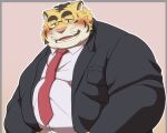  00murice 2022 anthro blush clothing eyewear felid glasses kemono male mammal mature_male necktie overweight overweight_male pantherine pink_nose shirt simple_background solo tiger topwear 