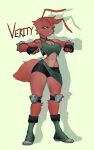  ant antennae_(anatomy) anthro arthropod biped breasts character_name clothed clothing female fingerless_gloves fur gloves hair handwear hymenopteran insect knee_pads noseless proxicute red_body red_eyes red_fur simple_background skinny skinny_female solo solo_focus text verity_(proxicute) 