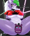  2021 absurd_res animatronic anthro areola areola_slip big_breasts breasts butt canid canine canis censored clothed clothing curvy_figure dialogue digital_drawing_(artwork) digital_media_(artwork) ear_piercing female five_nights_at_freddy&#039;s five_nights_at_freddy&#039;s:_security_breach green_hair hair hi_res jewelry lobokosmico machine mammal mr._hippo_(fnaf) piercing purple_areola robot roxanne_wolf_(fnaf) scottgames simple_background sitting smile solo spread_legs spreading text thick_thighs under_boob video_games wolf yellow_eyes 
