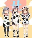  3girls abukuma_(kancolle) akebono_(kancolle) animal_ears animal_print arms_behind_back bell black_legwear blonde_hair boots bow brown_hair chinese_zodiac closed_mouth commentary_request covered_navel cow_ears cow_hood cow_horns cow_print dress facing_viewer fake_animal_ears fake_horns grey_hair hair_bow hair_ribbon hood hood_up hoodie_dress horns kanji kantai_collection kasumi_(kancolle) knee_boots long_sleeves medium_dress multiple_girls neck_bell new_year one_side_up pantyhose print_dress print_footwear ribbon shino_(ponjiyuusu) shoes short_dress side_ponytail sleeveless sleeveless_dress smile standing w_arms white_footwear year_of_the_ox 