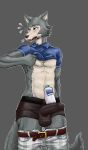  absurd_res anthro beastars belt blush bodily_fluids breath canid canine canis clothed clothing erection erection_under_clothing genitals hi_res humanoid_genitalia humanoid_penis legoshi_(beastars) male mammal meme panting partially_clothed penis shampoo_challenge solo sweat theoraclefolf underwear wolf 