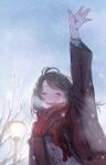  1girl ^_^ ^o^ black_hair blush breath closed_eyes coat cold dated duffel_coat floating_hair highres original outdoors outstretched_arm red_scarf round_teeth scarf smile snow snowing teeth tsujin_bohboh upper_body 