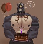  absurd_res balloon beard birthday birthday_cake black_body black_fur cake candle candy chocolate demondragoncyan dessert dmitrei facial_hair fangs food fur gold_(metal) gold_jewelry hi_res horn inflatable jewelry male mammal muscular muscular_male nipples pecs piercing rhinocerotoid scar smile solo tattoo 